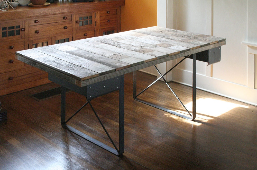 ON SALE - desk from reclaimed wood with recycled-content x-brace steel legs and no drawers - island barn modern industrial