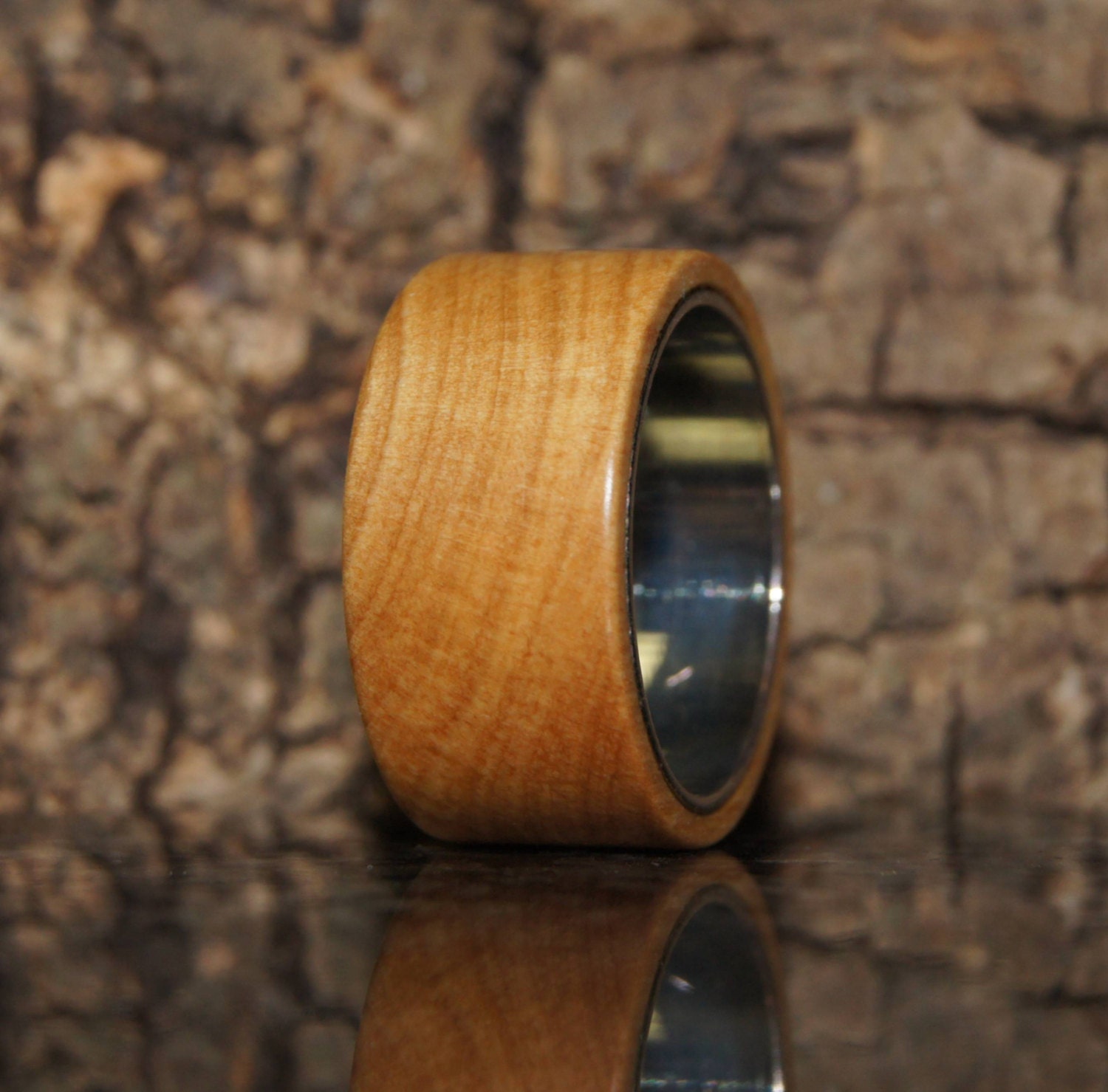 Size 7  3/4  - olive wood and stainless steel ring