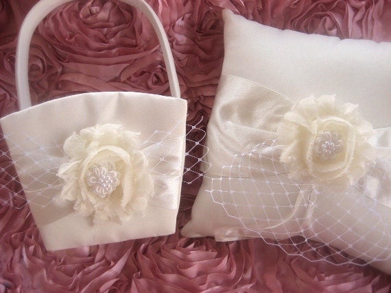 Birdcage Flower Girl Basket Set ..  Wedding Ring Pillow .. Bird Cage Veil with Shabby Flowers Ivory and Cream Custom Colors too