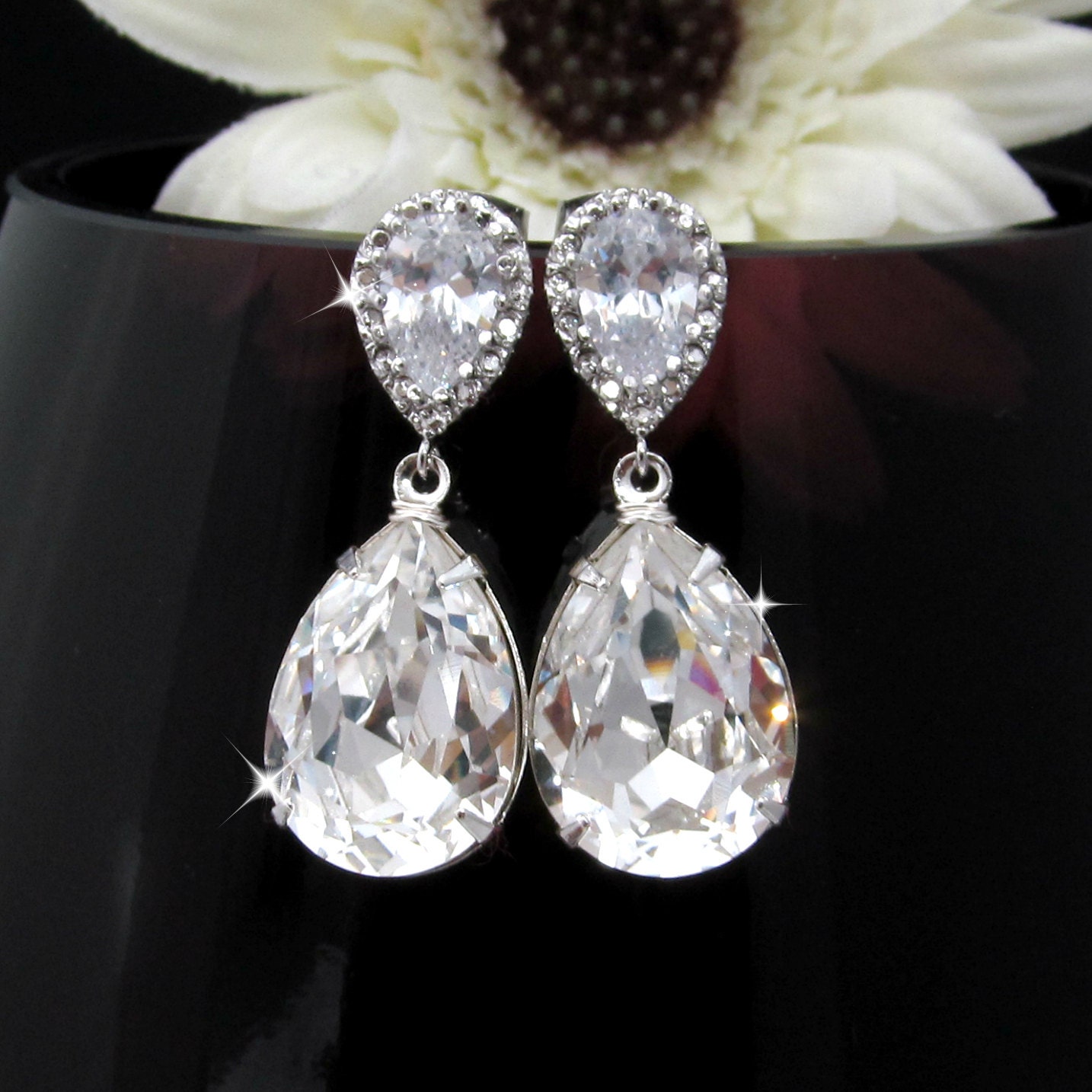 Bridal Earrings Cubic Zirconia White Crystal Earrings Swarovski Crystal Teardrop Sparkly Bridesmaid Gift Wedding Jewelry Sterling Silver