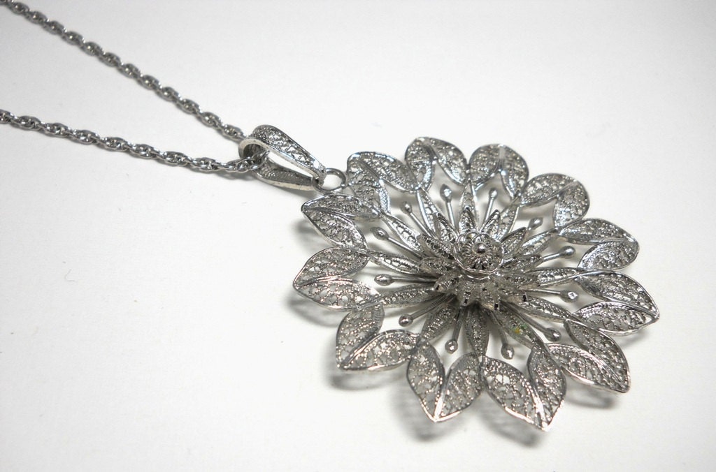 Vintage Sterling Silver Filigree Flower Necklace by Van Lou