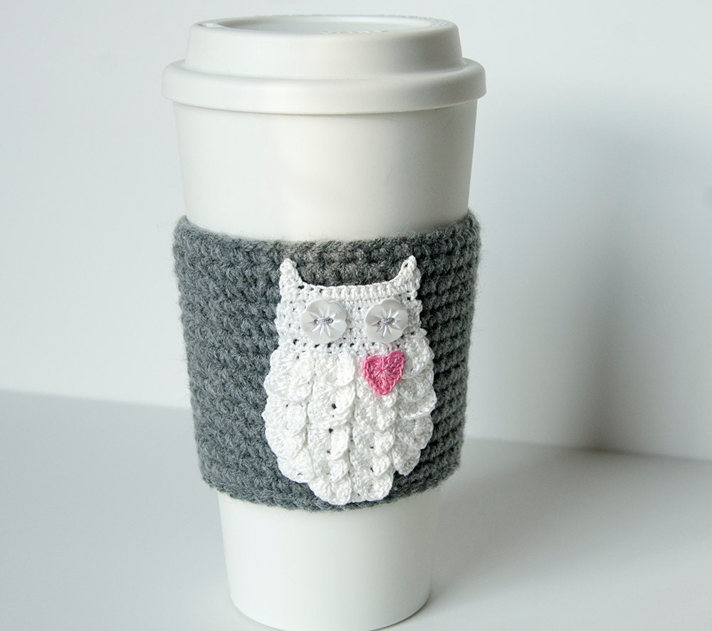 Hand crocheted coffee cosy cozy, owl always love you, starry button eyes, on a true gray sleeve, valentine gift - TableTopJewels
