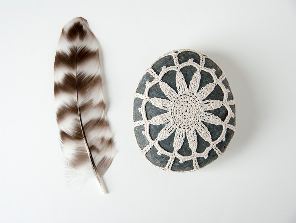 crochet lace stone // rustic beach // river rock // housewarming gift // cottage chic // Wedding decor // ring bearer pillow // bowl element