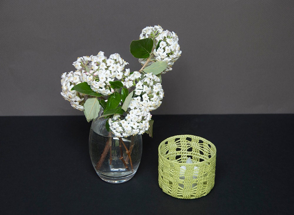 Candle holder cozy, crocheted, flame-less, tea light, votive, spring green