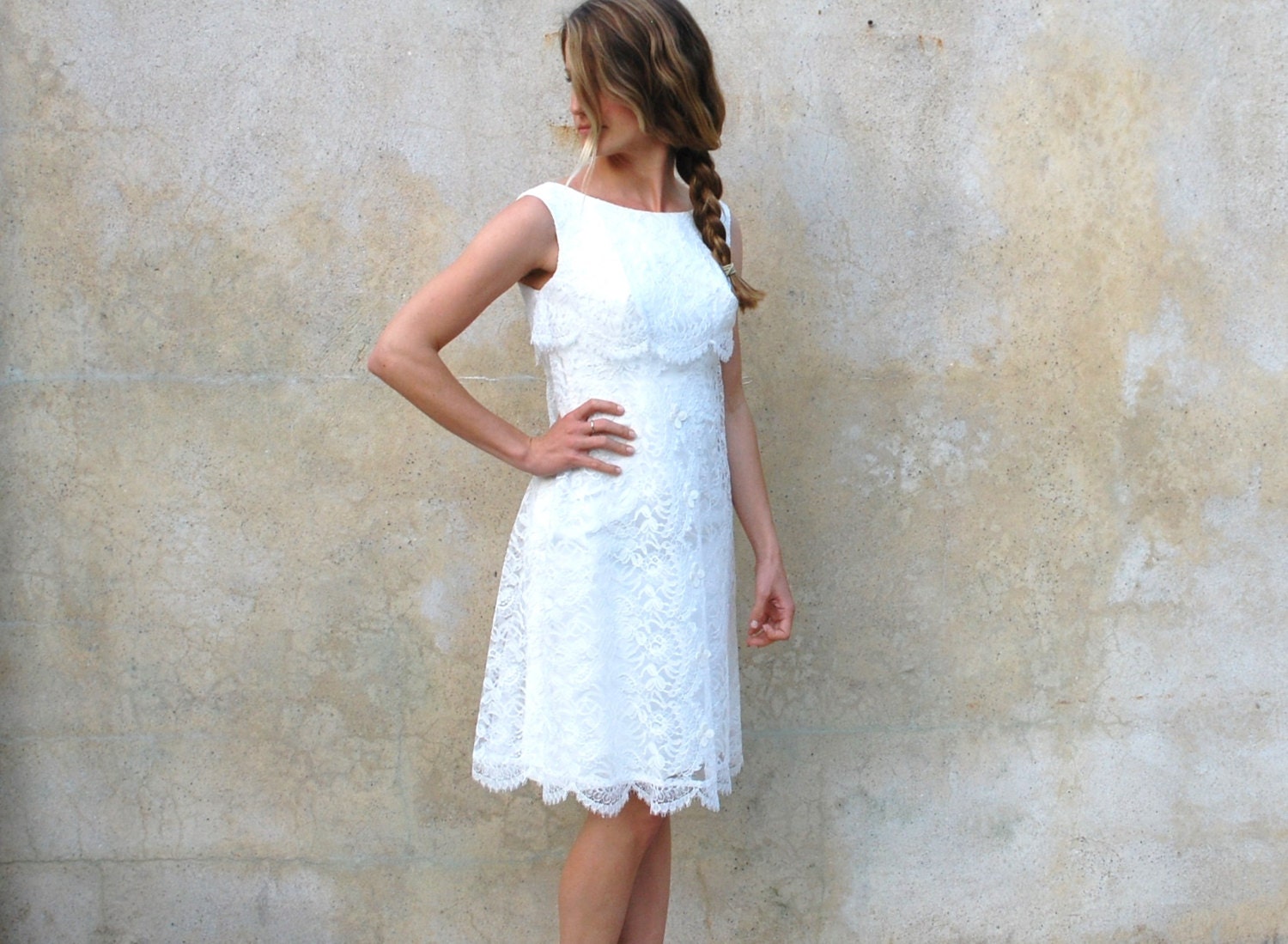 Mod 1960s white lace wedding dress- 60s Angelair by Monika mini cocktail dress- extra small