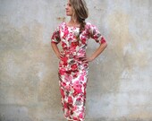 1950's floral garden wiggle dress - 50s handmade silk cocktail dress- small