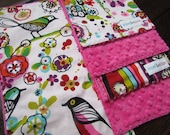 Baby Burp Cloths- Set of Three- Perched Bird with Hot Pink Minky  - READY TO SHIP