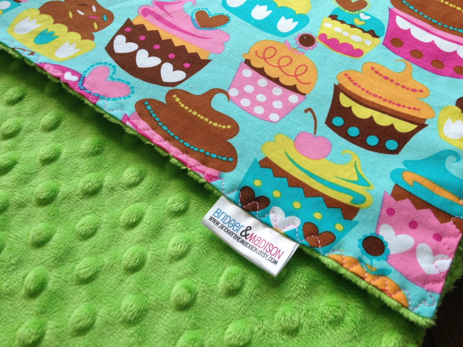 Minky Baby Blanket, My Little Cupcake with Lime Green Minky - READY TO SHIP