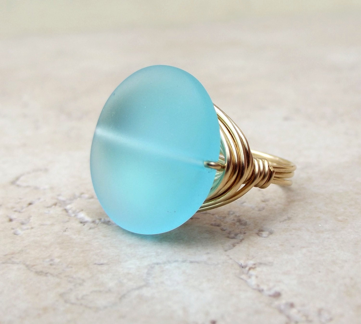Blue Sea Glass Ring:  Brass Wire Wrapped Turquoise Blue Beach Jewelry, Size 7, Resort Wear Accessory