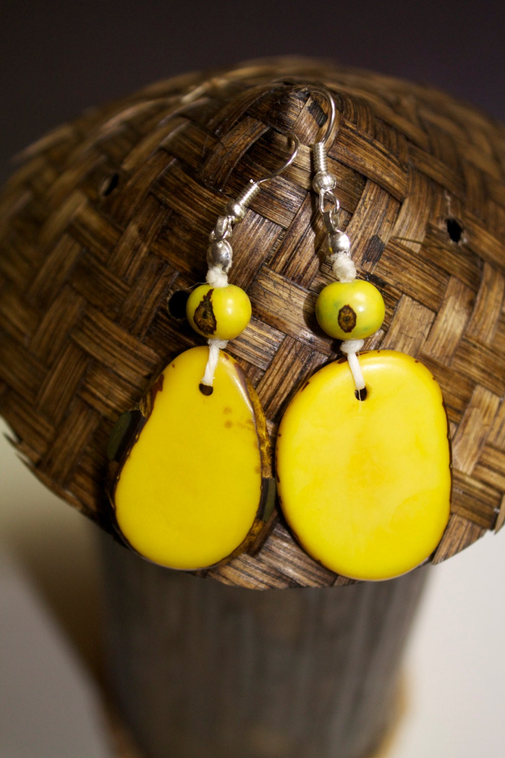 Yellow Tagua Nut and Acai Seed Earrings - Eco-Friendly- Boho -Bohemian