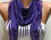 Purple Scarf  -  Pashmina Scarf  -  Cowl Scarf with Lace Edge - fatwoman