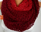 Burgundy Tube Scarf Infinity Scarf Loop Scarf Circle Scarf Knitted Lace Scarf - Cowl Scarf - Long Scarf -  from Red to Burgundy