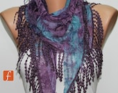 Purple Blue Scarf -  Cowl with Lace Edge by Fatwoman