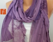 BIG SALE Purple Shawl Scarf - Cotton - Lace Scarf  Cowl -  Bridesmaid Gift, for her mom - fatwoman