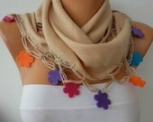 BIG SALE Beige Scarf  - Pashmina  Scarf -  Cowl with Lace Felt Colorful Flower Edge  -