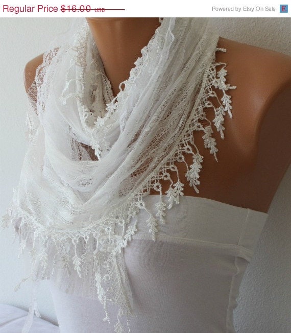 BIG SALE White Lace Scarf  - Shawl - Cowl with Lace Edge   - fatwoman - Bridesmaids Gifts