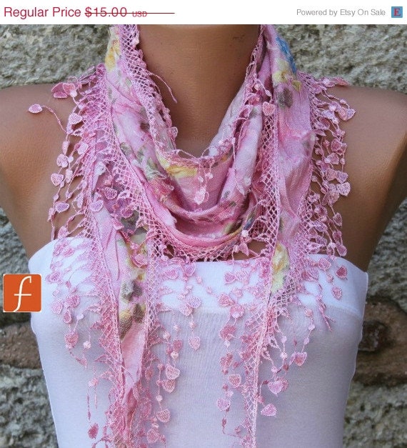 BIG SALE Multicolor Scarf  - Cotton  Scarf -  Cowl with Lace Edge