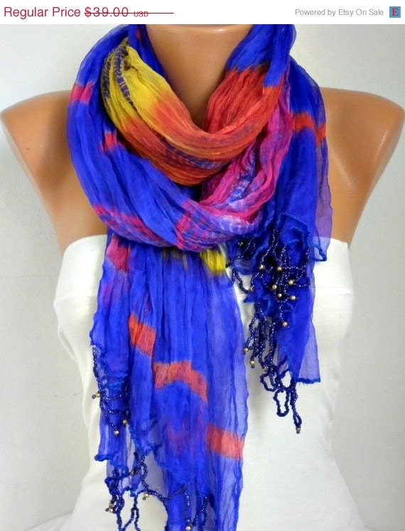 BIG SALE Ombre Silk Scarf  -  Bead edge - Shawl Scarf -  Batik - Cowl Scarf - fatwoman bridesmaid gift