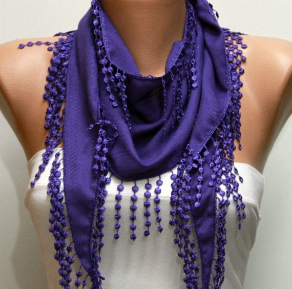 Purple Scarf  -  Pashmina Scarf  -  Cowl Scarf with Lace Edge - fatwoman