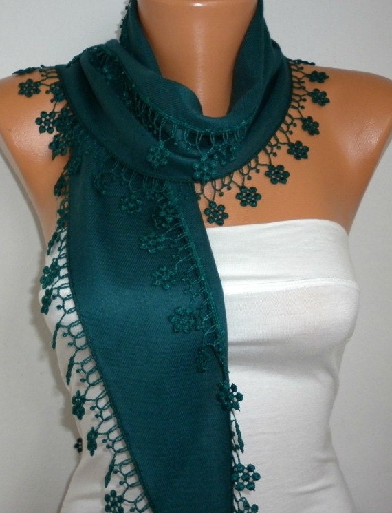 Emerald Green Scarf - Pashmina Scarf - Cowl Scarf with Lace Edge - fatwoman