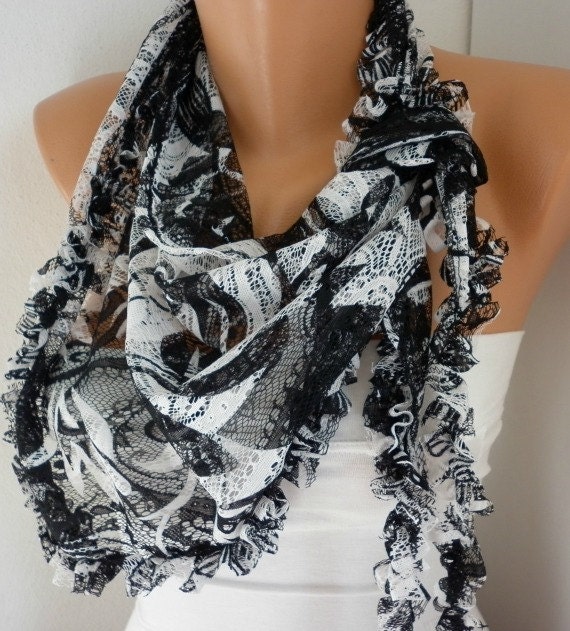 Black White Floral Scarf - Tulle Shawl Scarf - Cowl Scarf -