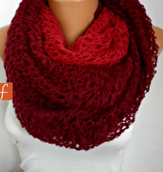 Burgundy Tube Scarf Infinity Scarf Loop Scarf Circle Scarf Knitted Lace Scarf - Cowl Scarf - Long Scarf -  from Red to Burgundy