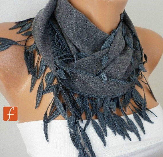 Gray Scarf  -  Pashmina Scarf  - Cowl Scarf  with Lace Edge    - fatwoman