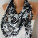 Black White Floral Scarf - Tulle Shawl Scarf - Cowl Scarf -