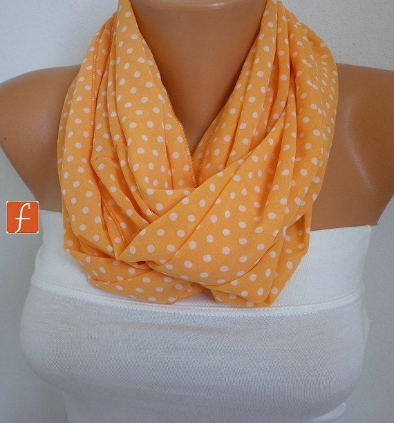Orange Polka Dot Infinity Scarf Shawl Circle Scarf Loop Scarf Gift - for her -- fatwoman