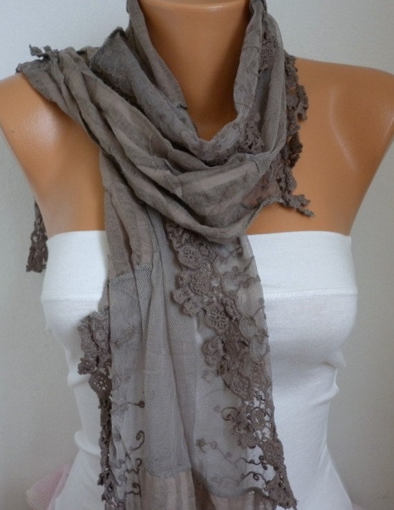 Beige  Shawl Scarf -  Cotton - Lace Scarf Cowl  - Bridesmaid Gift for her mom - fatwoman
