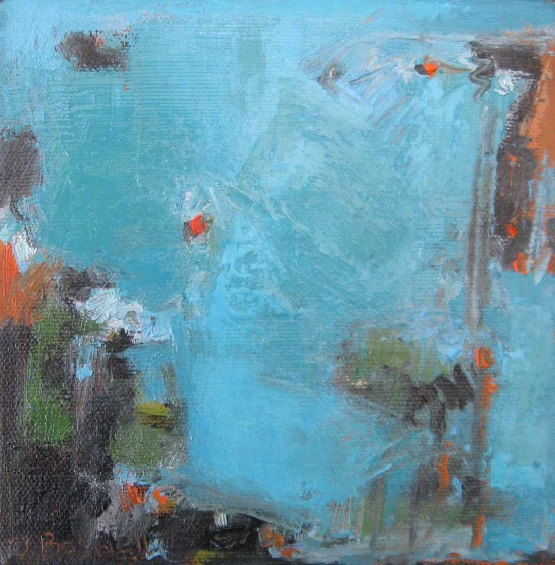 Jennifer Boswell Original Modern Art Blue Abstract Expressionist Pallette Knife Oil Painting 6x6 Canvas
