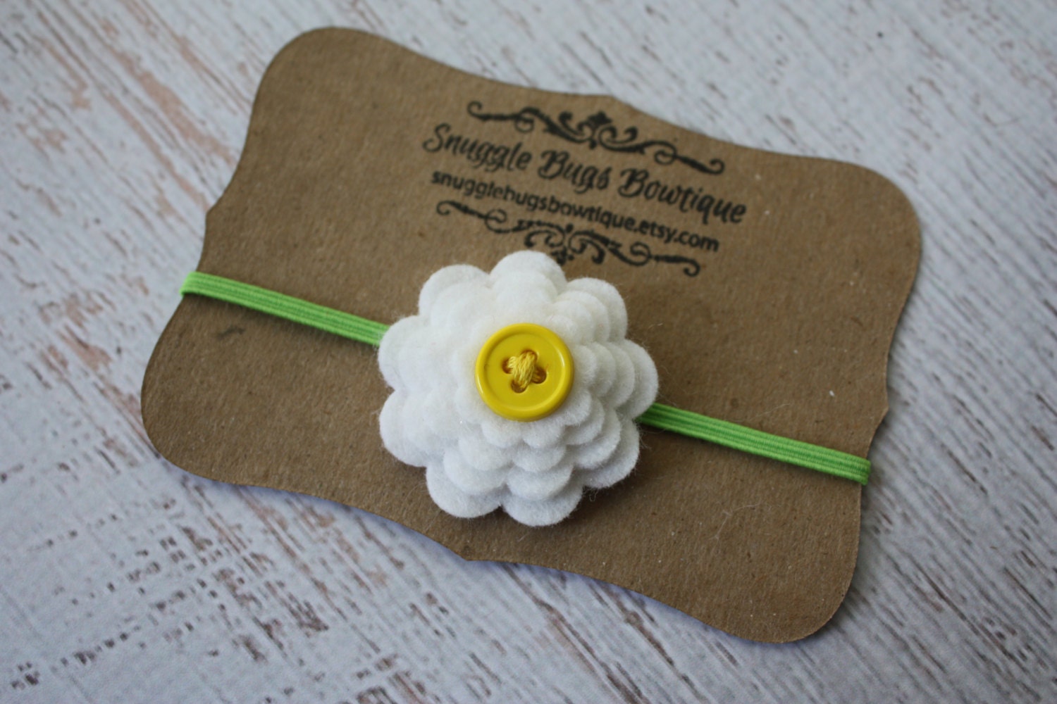 Wool Felt Button Flower Skinny Elastic Headband or Hair Clip - Daisy Headband- Newborn to Adult