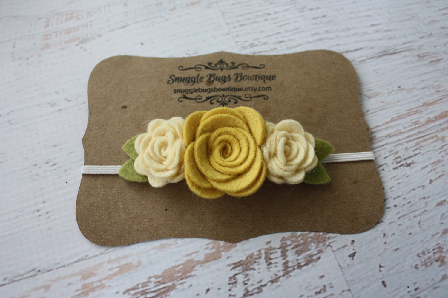 Wool Felt Flower Headband - Trio of Roses in Light Mustard Yellow and Cream - Newborn Baby to Adult