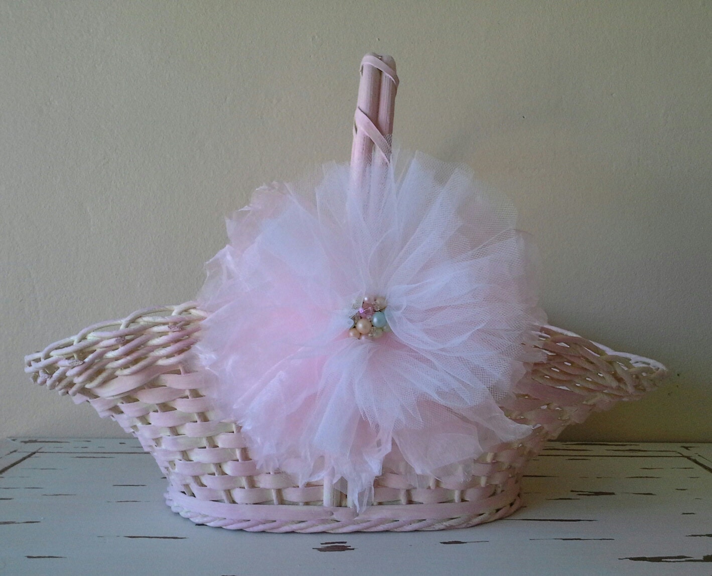 Flower girl basket, Vintage wicker basket, wedding basket, shabby and chic