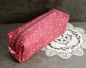 Pencil Square Pouch - Dark Bordeaux Field of Red and Pink Flowers - TheBlueRabbitHouse