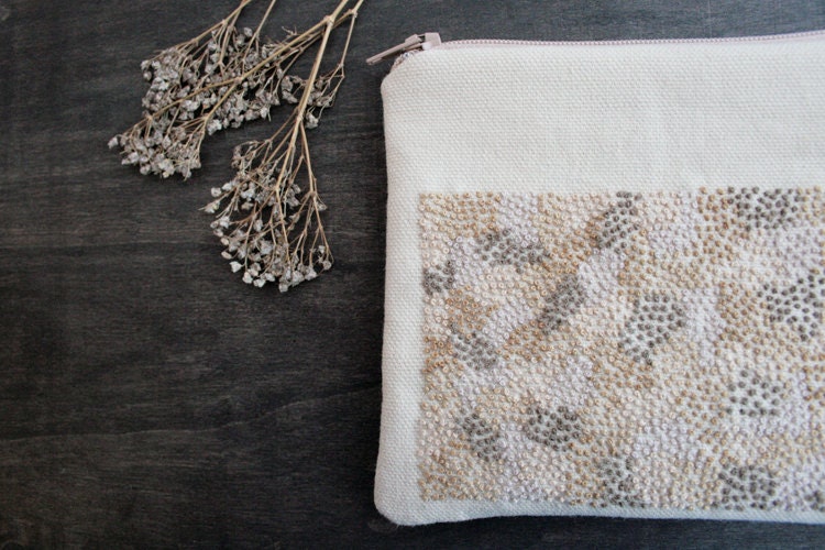 Zipper Storage Pouch - Unique Abstract Hand Embroidery Design - Colour Study Project - Dried Wild Flower