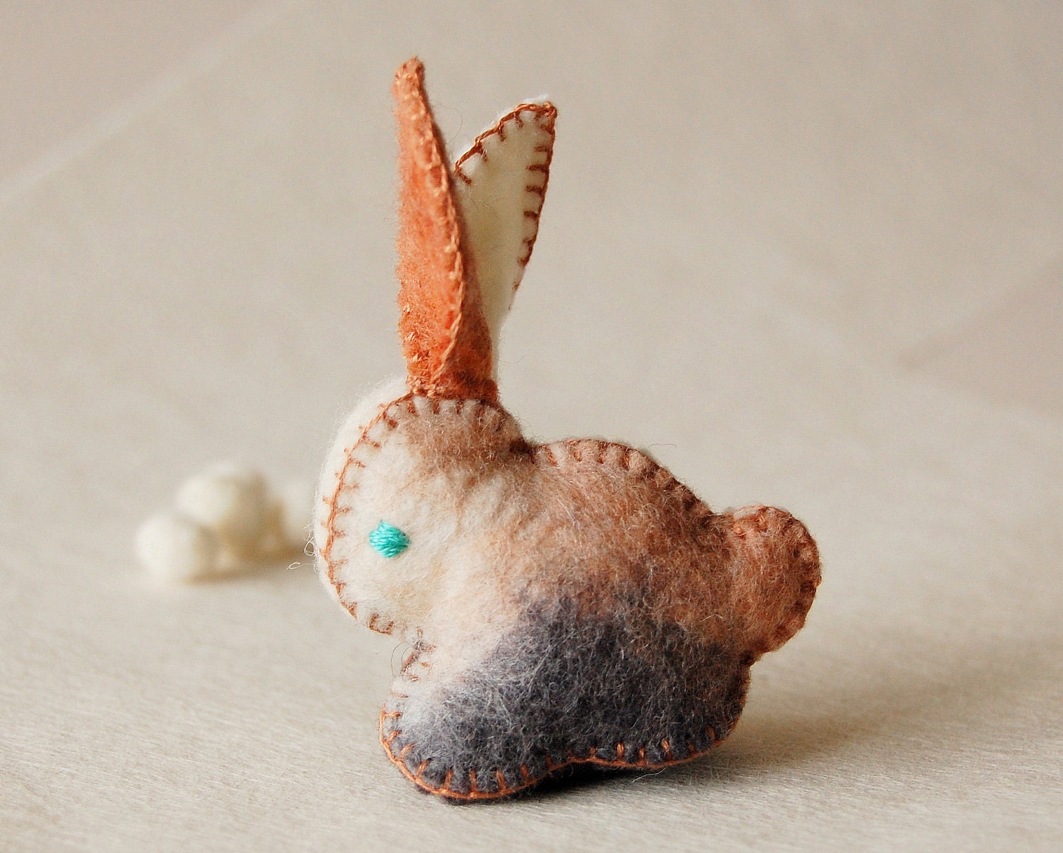 Brown White and Black BABY Felted BUNNY Rabbit Toy -- Handmade pure wool felt -- Unique soft animal sculpture