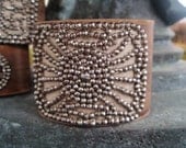 Vintage cut steel leather cuff bracelet 'SunRise' repurposed antique, silver sunburst casual luxe OOAK boho chic by slashKnots on SALE