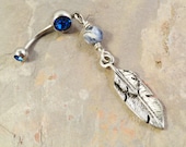 Silver Feather Belly Button Jewelry, Blue Sodalite Tribal Feather Barbell Navel Piercing