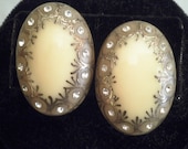 1940s Bakelite Oval Earrings with Rhinestones and Gold Painted Design