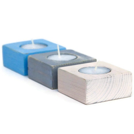 Wooden candle holders, cream, grey, blue set of 3 - ArtGlamourSligo