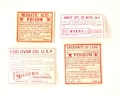 Antique Medicine Apothecary Pharmacy Labels in Red, White (N3) from 1890s (Set of 4 labels) - Paper Crafts, Altered Art, Halloween Decor