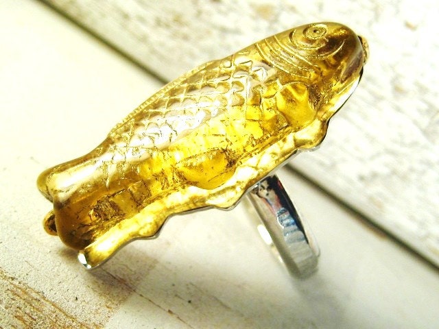 Yellow glass fish and sterling silver ring