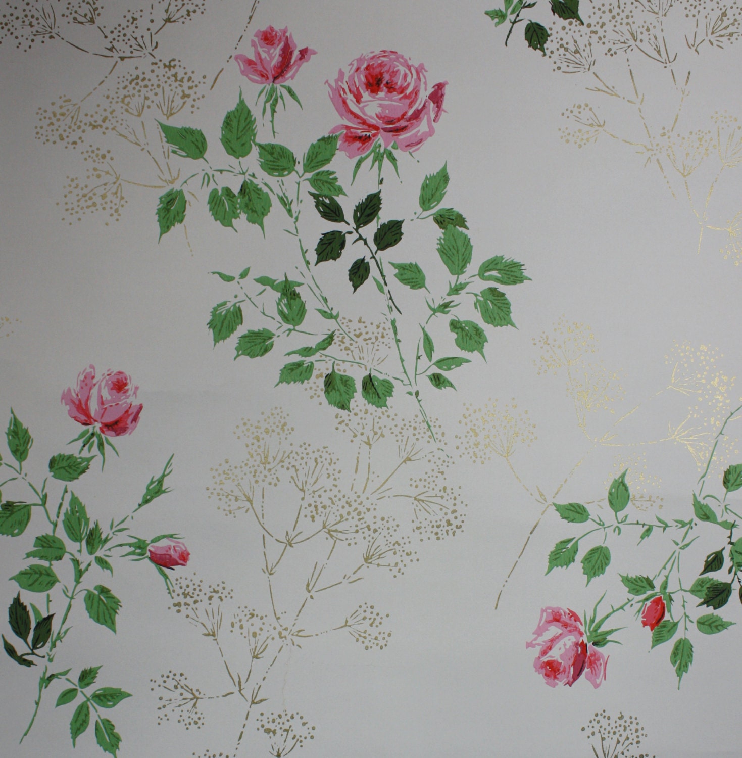 1960's Vintage Wallpaper Pink Roses and Metallic Gold accents