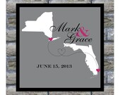 State Map Wedding Gift Long Distance Love  "Joined Hearts" FRAMED ART Print Keepsake - Wedding Gift  Engagement Gift