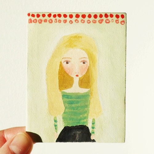 Mini canvas painting, original acrylic art, folk art painting, whimsical blonde hair girl