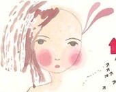 ACEO Original, Whimsical Sad Girl Folk Art Illustration, Upwards
