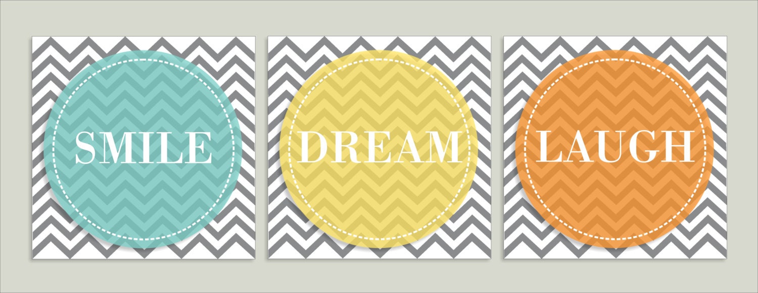 Chevron Typography, Smile, Dream, Laugh, Children's Wall Art, Nursery Wall Art, Children's Canvas- Set of three 14x14 stretched canvas