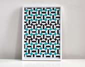 Mint green art relief print, Islamic geometric pattern in green, black and white