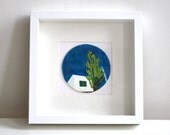 Blue skies and cactus round oil painting, handmade art in blue and green